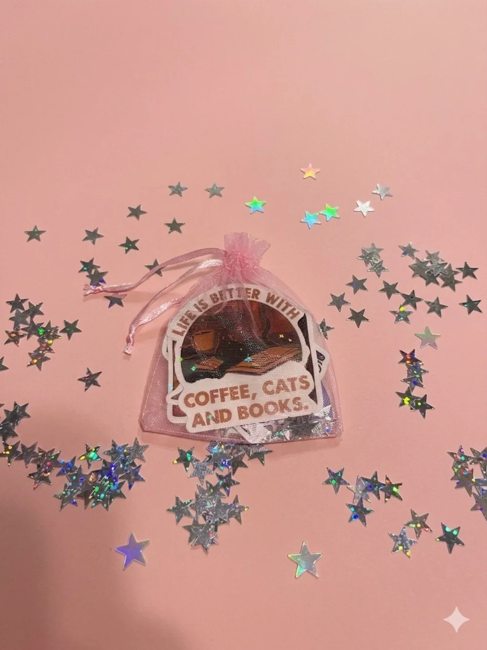 Pink Organza Gift Bag with Decorative Book-Themed Stickers